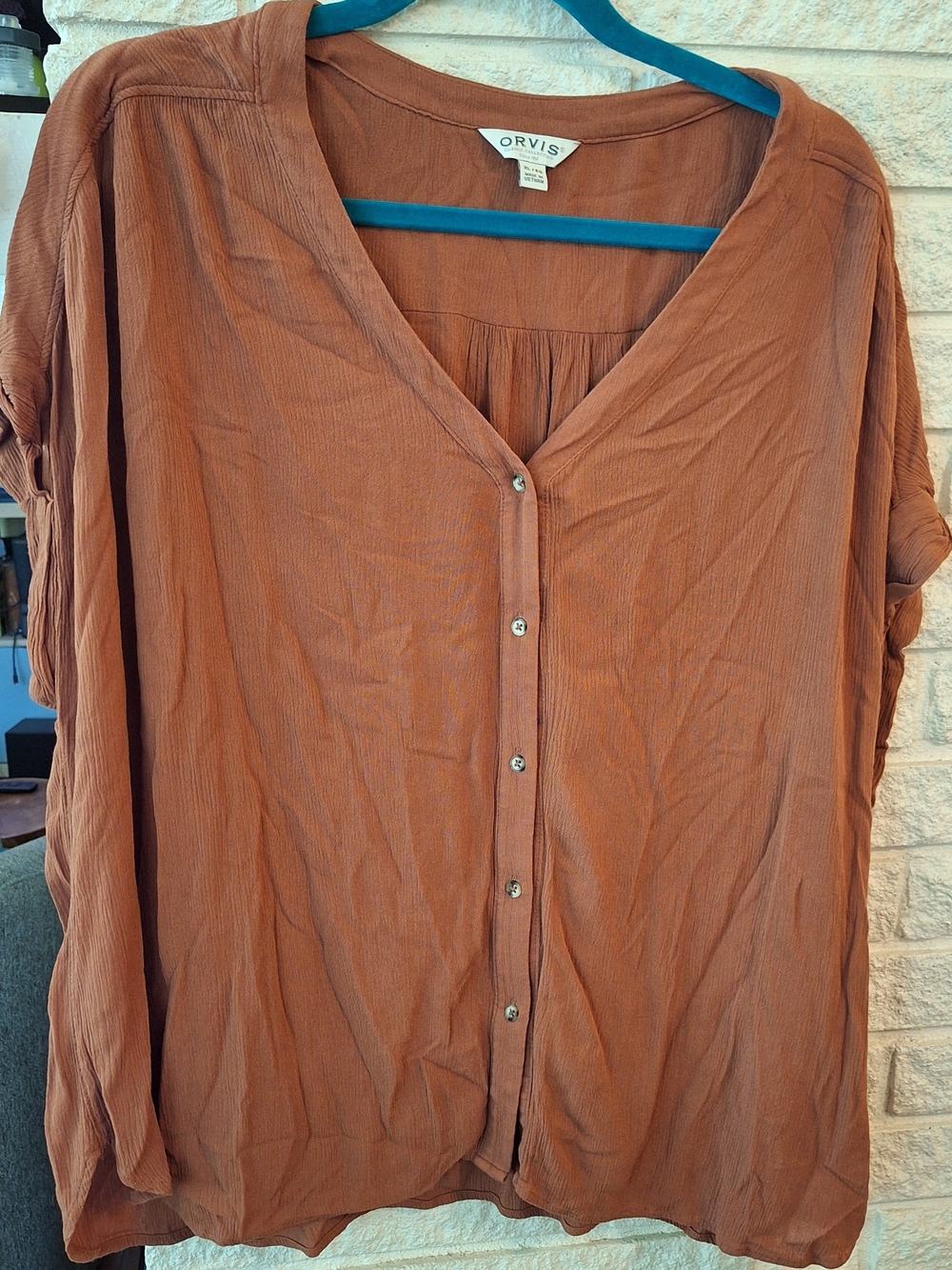 Orvis Women's Rust-Brown Button Front V-Neck Blouse